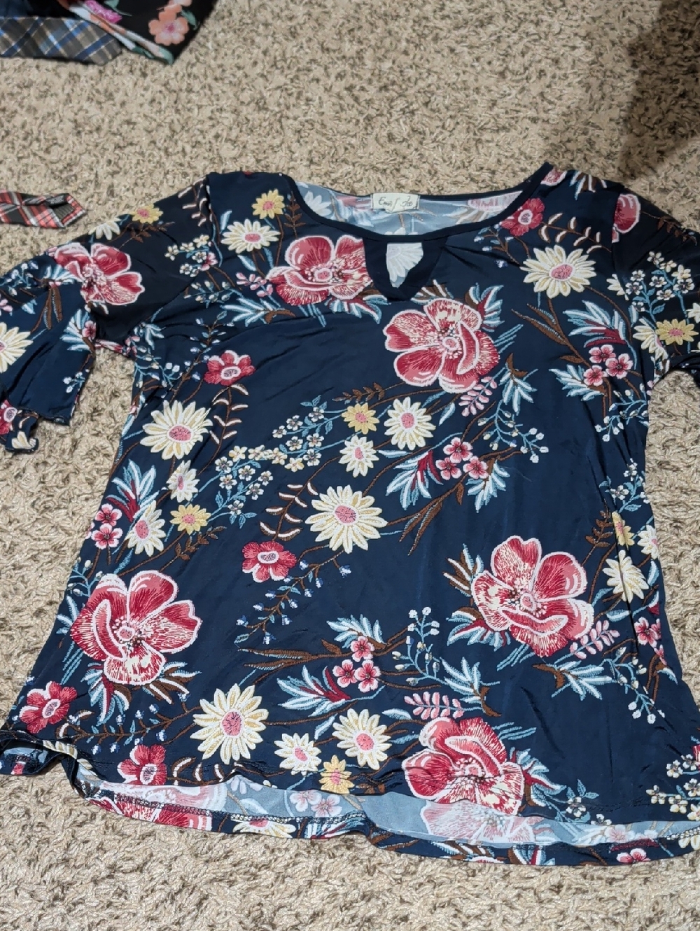 Floral Navy Tunic Top with Pink Blooms